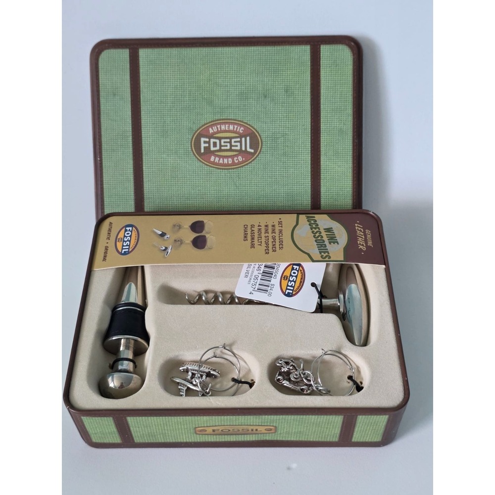 Fossil Silver Wine Accessory Kit Tin Corkscrew Stopper Charm Cork Opener Vintage